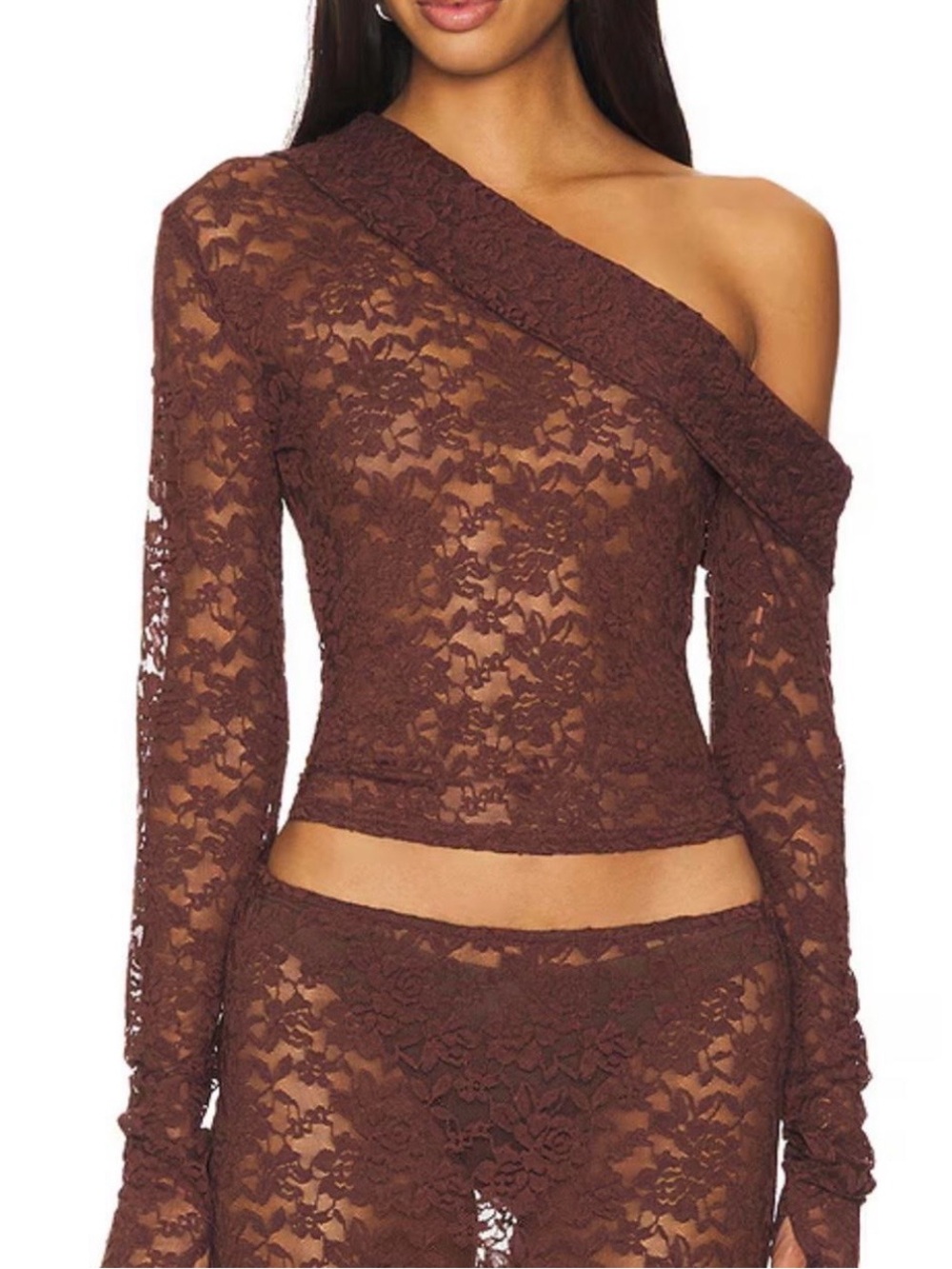 Lioness One-Shoulder Brown Lace Top